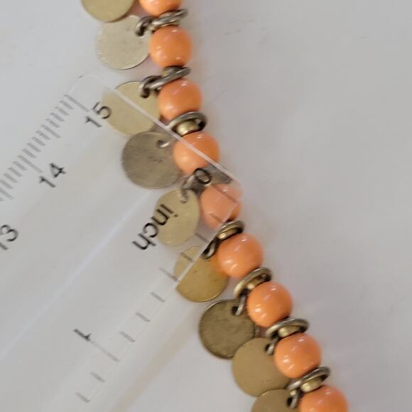 Peach Beaded Necklace with Brass Coin Charms Retro Boho Statement Style Jewelry - Picture 8 of 10